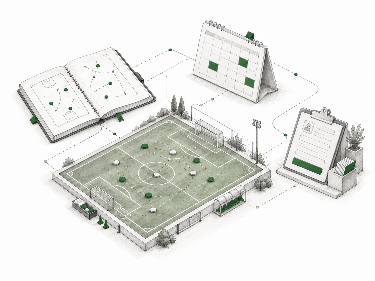 A soccer field connected with a coaching notebook, calendar and registration clipboard